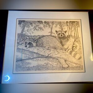 Raccoons hand painting framed